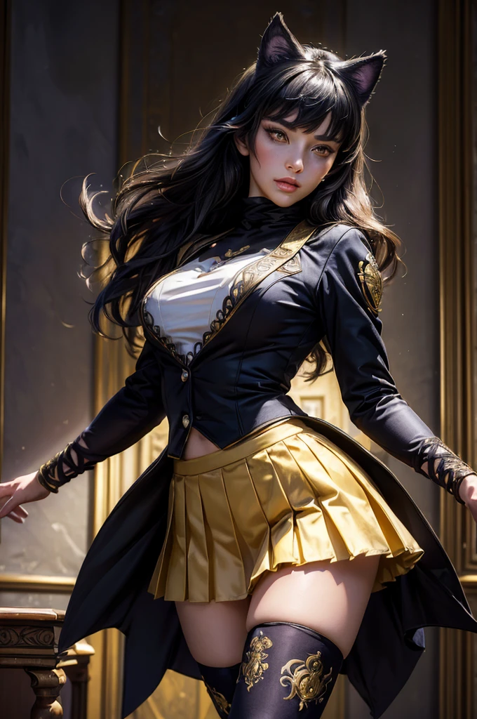 (masterpiece,stunning girlfriend, (standing:1.1), dynamic pose, heart shaped face, elegant face, beautiful face, highly detailed face, highly detailed skin, skin pores, subsurface scattering, realistic pupils, looking at viewer, full lips, detailed background, depth of field, atmospheric perspective, volumetric lighting, sharp focus, absurdres, realistic proportions, good anatomy, (realistic, hyperrealistic:1.4), 16k hdr, (masterpiece, best quality), intricate details, 1girl, blake_belladonna, gmuniform, pleated skirt, blue thighhighs, black and gold uniform, library
