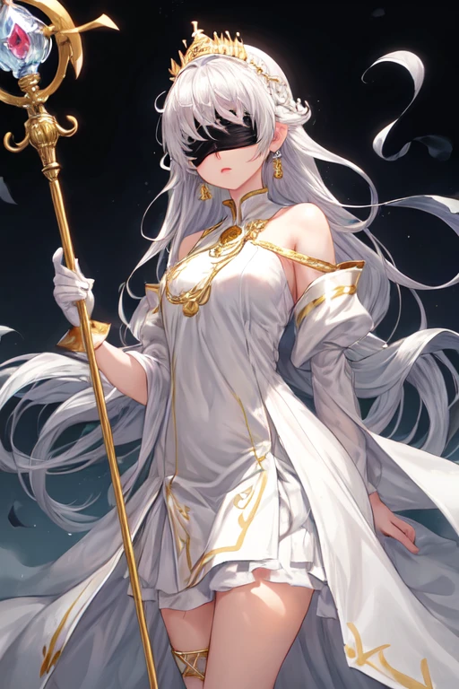 1girl,blindfold,white dress,earings,silver crown,golden staff