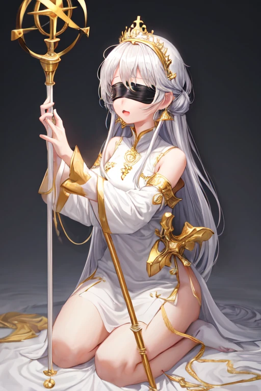 1girl,blindfold,white dress,earings,silver crown,golden staff