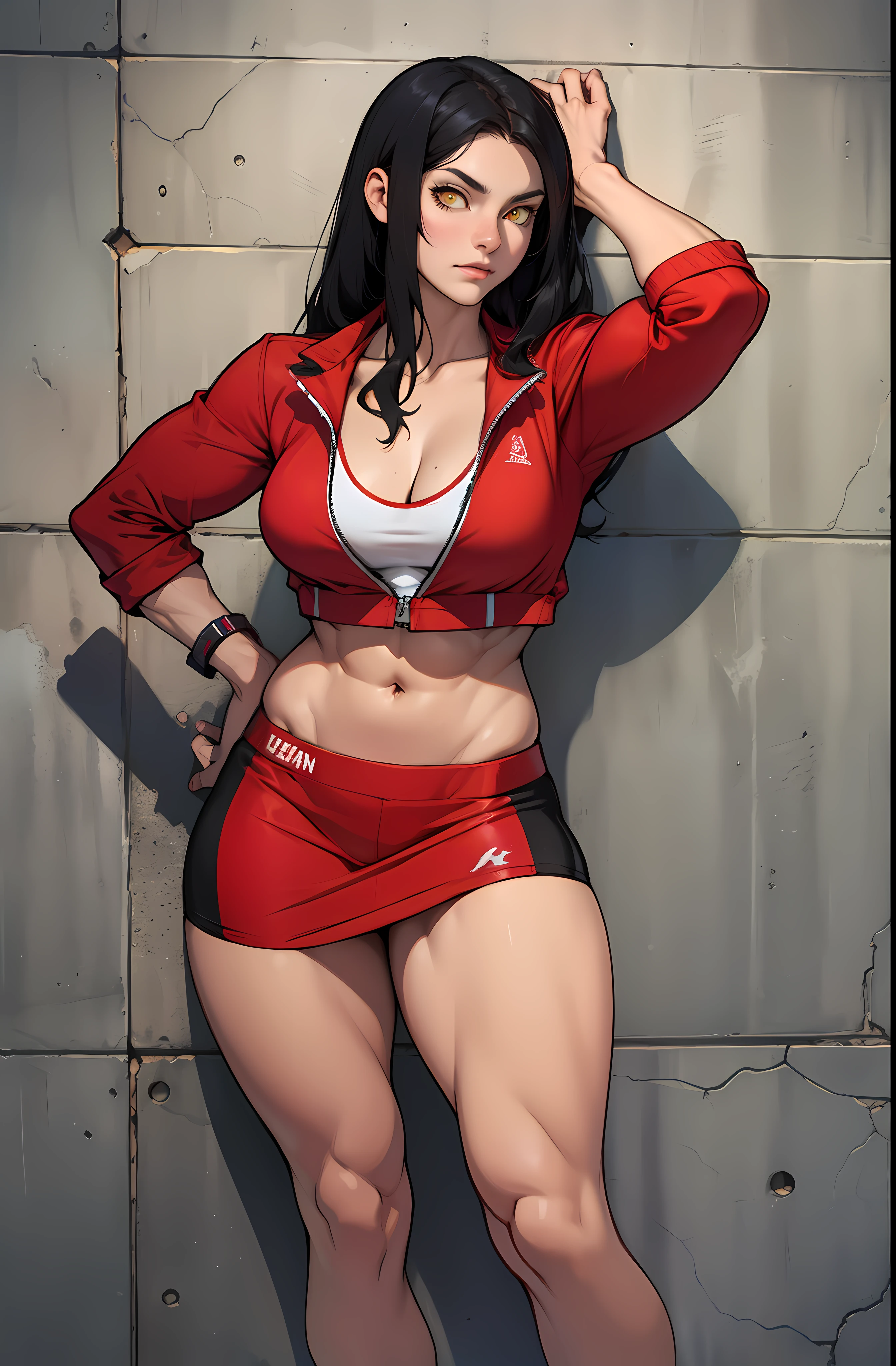 1 girl against wall black hair yellow eyes muscular girl