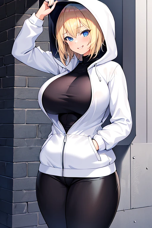 1girl, blonde hair, blue eyes, very short hair, hood up, jacket, white jacket, hooded jacket, black pants, black shirt, ((black shirt)), shirt, smile, tall, tall female, huge breasts, toned, toned female, street, city, thick thighs, open jacket, breasts