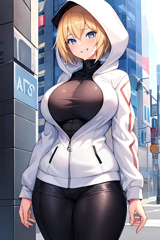 1girl, blonde hair, blue eyes, very short hair, hood up, jacket, white jacket, hooded jacket, black pants, black shirt, ((black shirt)), shirt, smile, tall, tall female, huge breasts, toned, toned female, street, city, thick thighs, open jacket, breasts