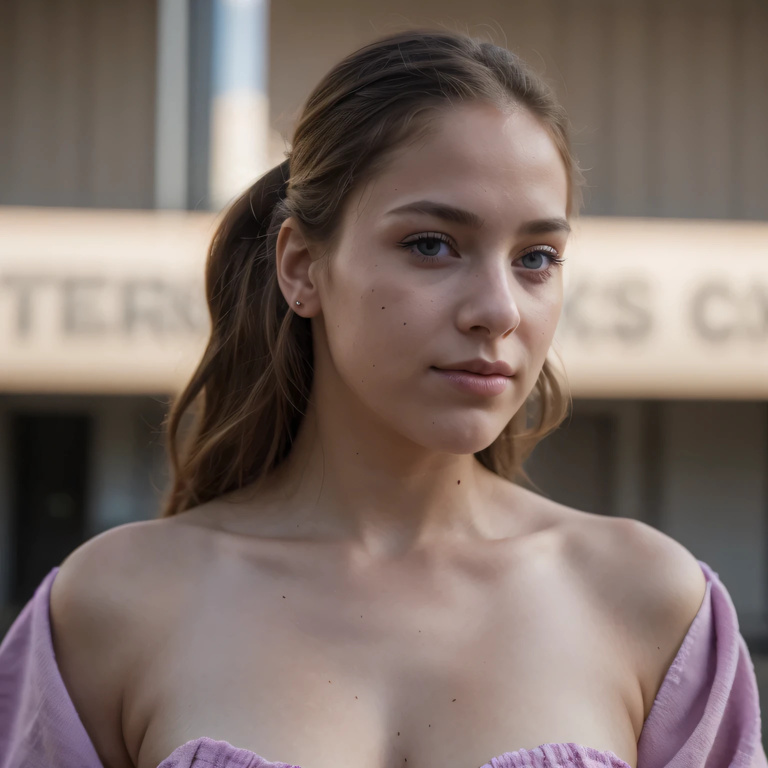 photo of a college student, in Purple Pink, Desert Linen, (freckles:0.8) cute face, sci-fi, dystopian, detailed eyes, Heterochromia eyes（（Side view））