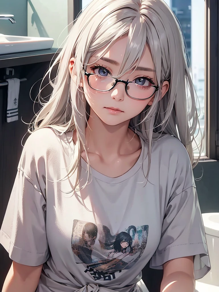 highest quality、Realistic、woman、Japanese、zoom、look up、cute、morning、Wash basin、Waking up、Looks sleepy、Gray Eyes、Platinum Blonde Hair、casually tied hair、Messy Hair、Glasses、Large T-shirt.Shorts、slender、Small breasts、Face close-up