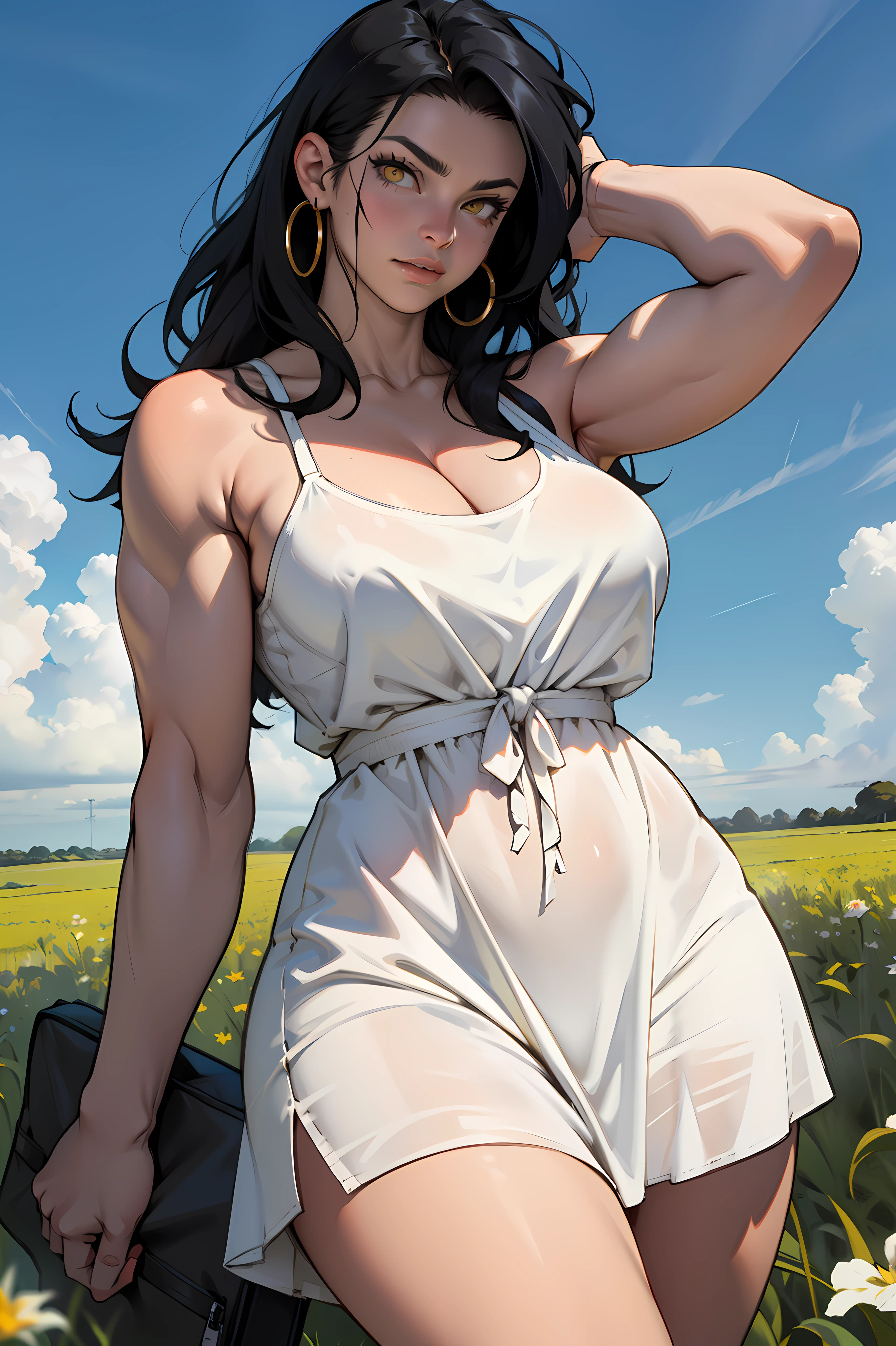 muscular huge breasts thick thighs field sky clouds black hair yellow eyes sundress black hair yellow eyes pale skin solo flowing hair