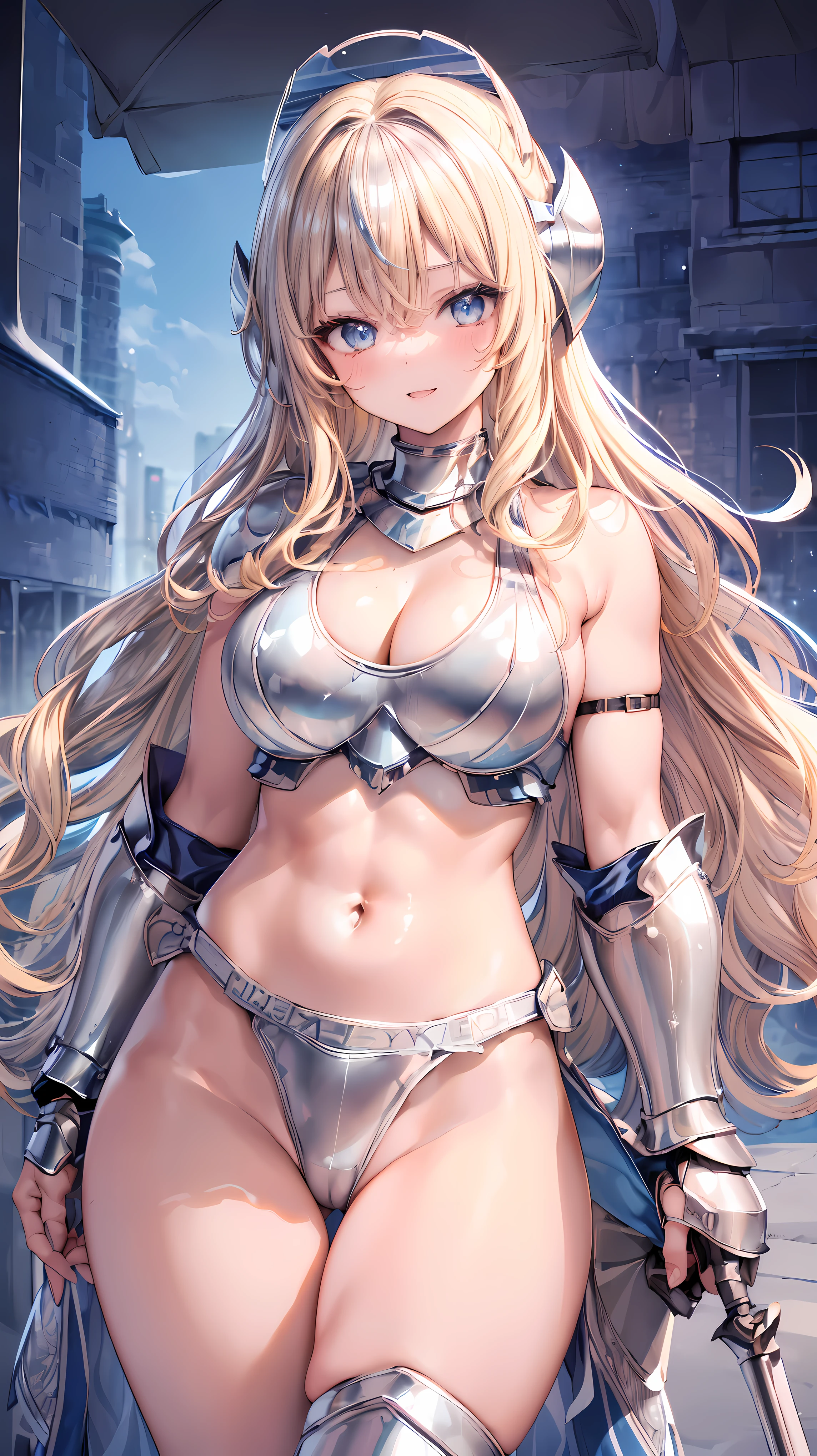 Very detailed、highest quality、Best image quality、masterpiece、8k、Anime Face、A kind smile、Open your mouth、Sparkling blue eyes、(Blonde wavy hair:1.5)、、Muscles of the whole body、camisole、Thigh belt、mini skirt、(Wearing silver bikini armor:1.5)、(Cowboy Shot:1.5)、(Leg armor:1.5)、(Wearing a helmet:1.5)