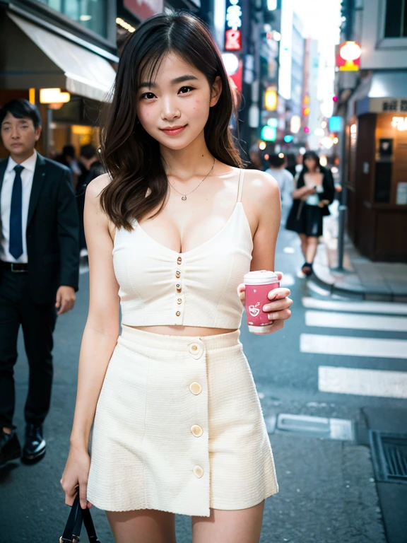 masterpiece, highest quality, RAW Photos, 8k, Highly detailed face, One girl, whole body, Beautifully detailed skin, Backlight, Soft Light, Shy, (Shoot from the front:1.2), Smile, open your mouth to say something, Illuminate, Anatomically correct, Eyes and facial details, Textured skin, Professional photography, Bokeh, Portraiture, Professional Lighting, alone, cute, Girlish, Film Grain, White camisole,mini skirt,Cleavage,Tokyo city street