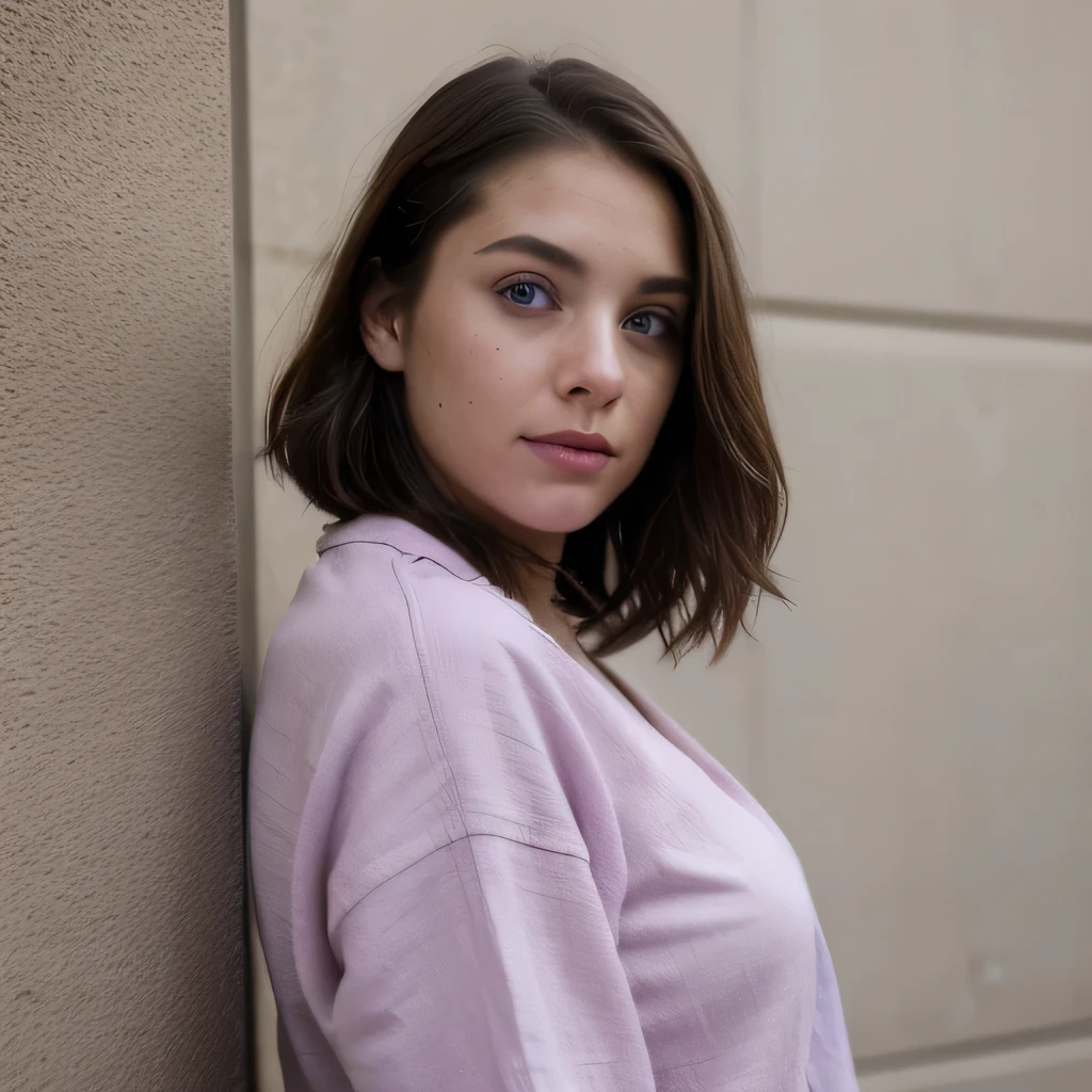 photo of a college student, in Purple Pink, Desert Linen, (freckles:0.8) cute face, sci-fi, dystopian, detailed eyes, Heterochromia eyes((Side view))