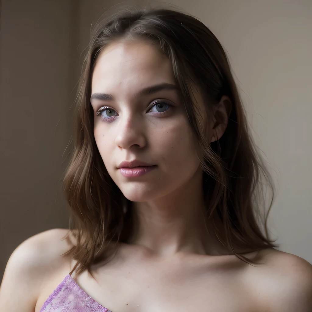 photo of a college student, in Purple Pink, Desert Linen, (freckles:0.8) cute face, sci-fi, dystopian, detailed eyes, Heterochromia eyes（（Side view））