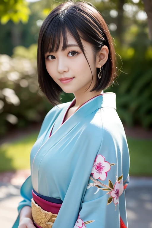 masterpiece、High resolution、8k、Realistic、1 person)、whole body、Very detailed、kimono、kimono、Small breasts、Natural color lips、Cute smile、Japanese women、20 year old girl、Thin eyebrows、Beautiful and elegant face、cute顔、cute目、Big eyes、Fair skin、Beautiful and elegant face、Natural Bangs、Beautiful and thin nose、Beautiful Skin、Medium Bob Hair、Short Hair、Natural Bangs、Perfect and beautiful face、Slim face and figure、（Looking at the camera with a cute expression）、(Bright lighting)、Professional Lighting、 (Lighting from the front)、Natural smile、cute、Simple Background、Outdoor、Beautiful thighs、可愛いkimono、