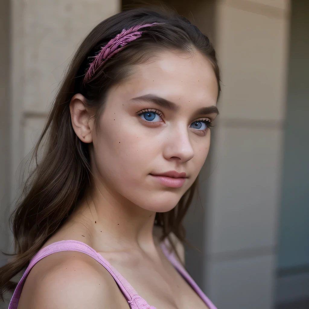 photo of a college student, in Purple Pink, Desert Linen, (freckles:0.8) cute face, sci-fi, dystopian, detailed eyes, Heterochromia eyes((Side view))