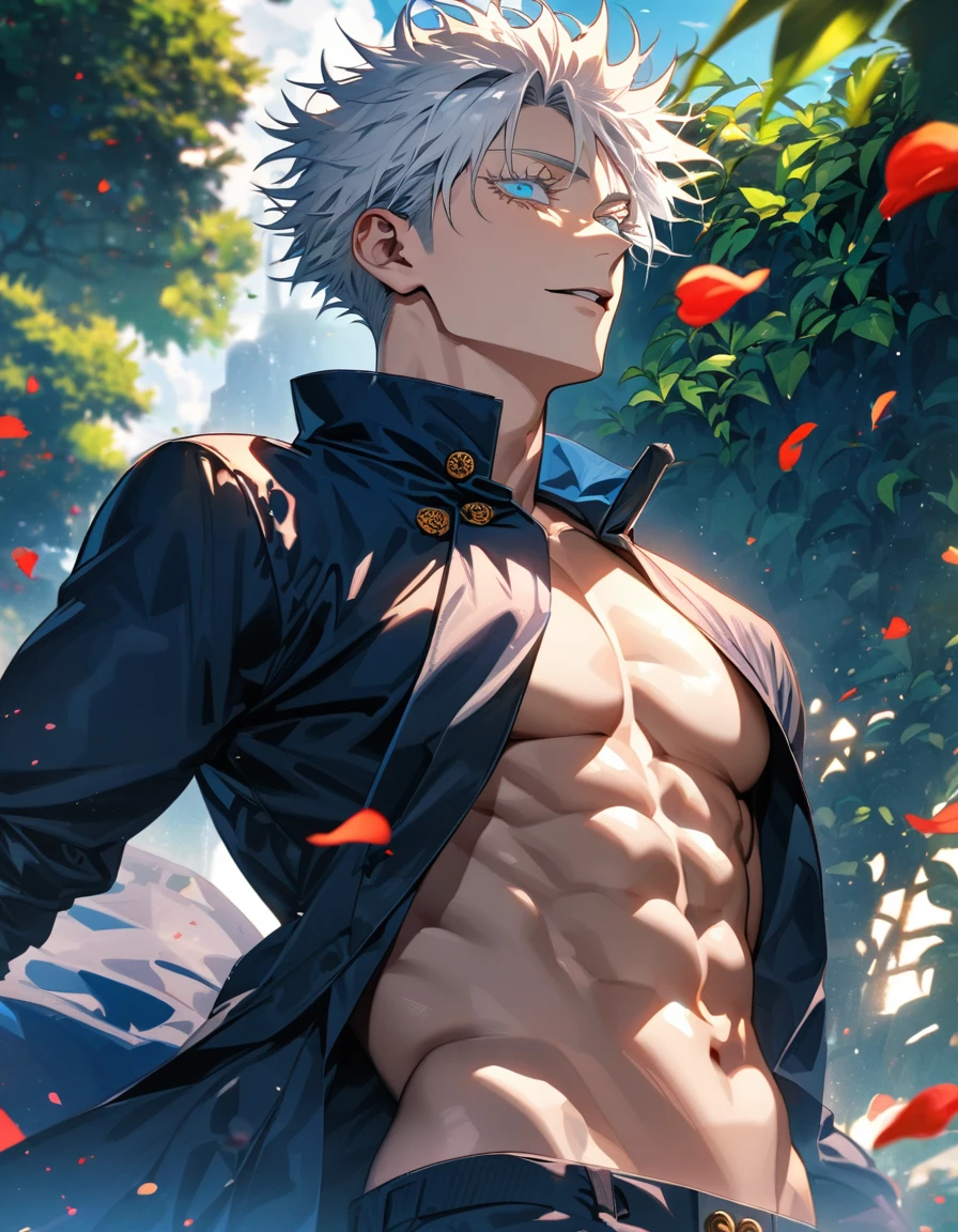 Ultra detailed, Highres, absurdres, HDR, Gojo Satoru, white hair with bangs, blue expressive eyes, white eyelashes, Jujutsu Kaisen, green leaves, summer, flowers and petals, extremely handsome, sexy man, solo, toned chest,