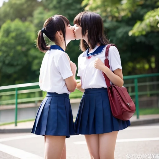 Two Japanese elementary school girls in short sleeves and shorts are kissing