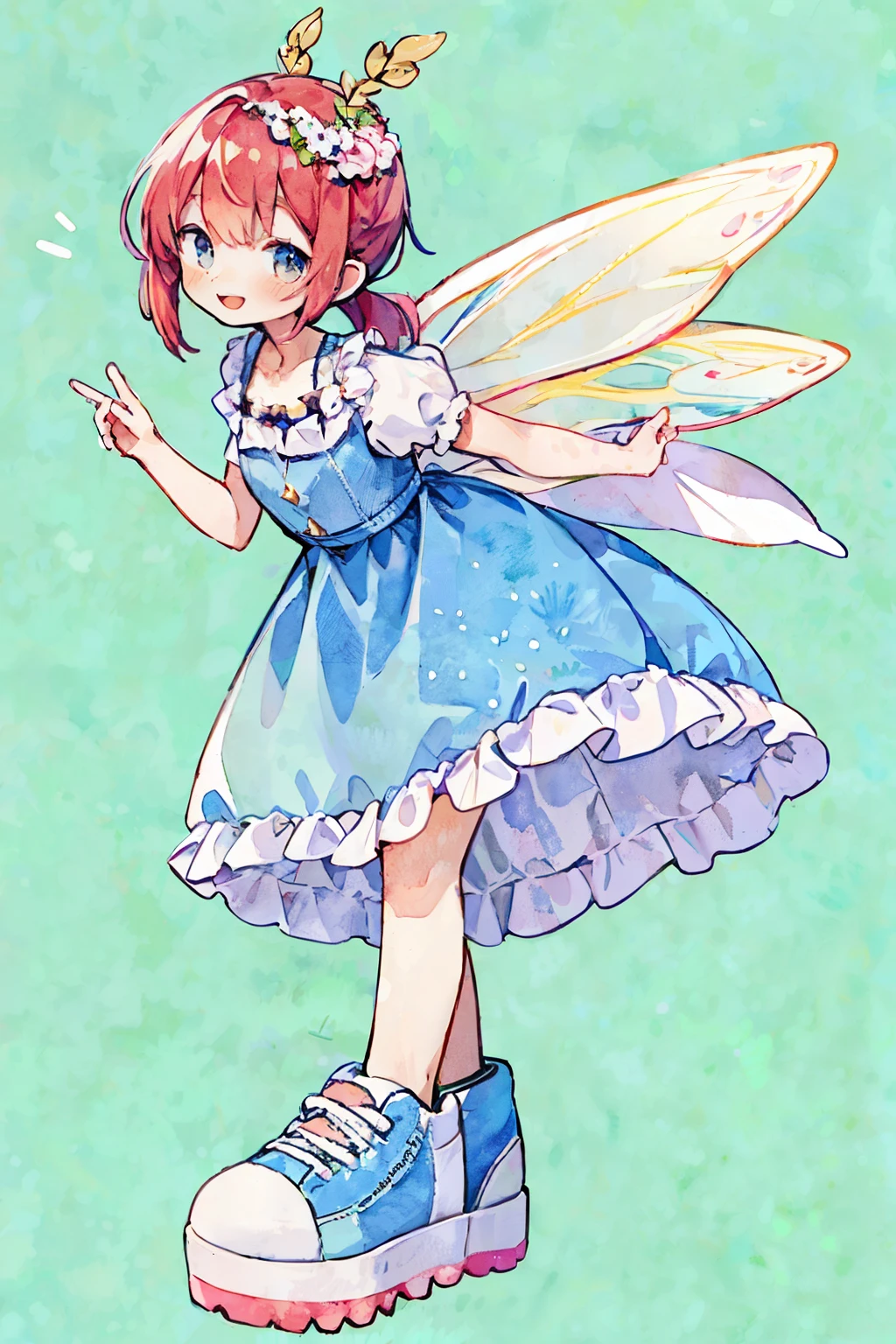 Pastel Watercolor、redhead, 1 girl, Four fairy wings on his back、summer👗、ハート型のsummer flowerwreath background:1.0、white, high ponytail、platform sneakers、smile、Up from the side