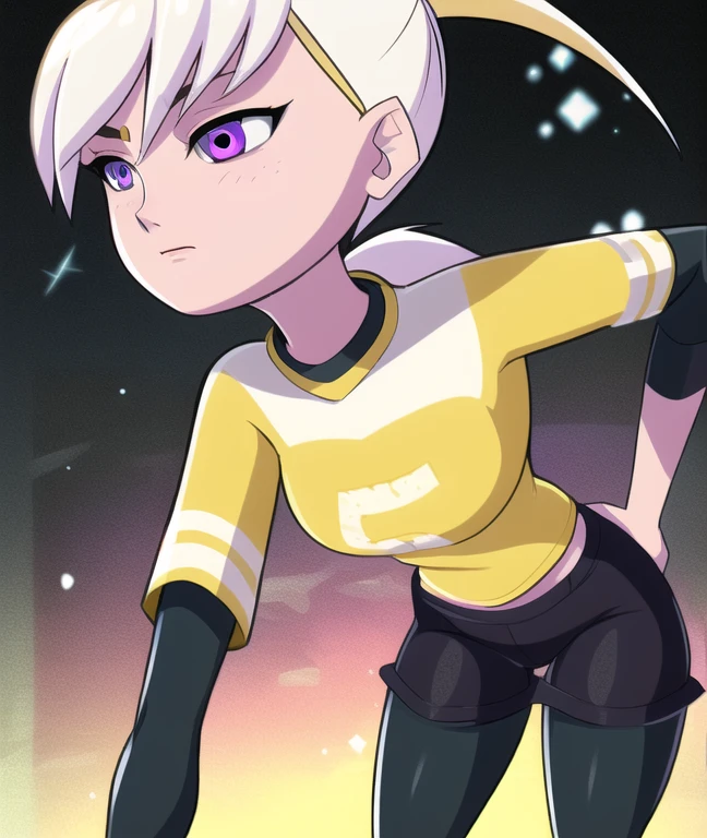 1girl, edelgardacademy, white hair, purple eyes, black pantyhose, ponytail, shiny pantyhose, bloom, yellow tshirt, black sleeves