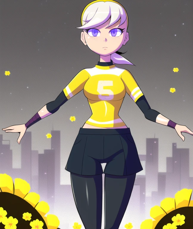 1girl, edelgardacademy, white hair, purple eyes, black pantyhose, ponytail, shiny pantyhose, bloom, yellow tshirt, black sleeves