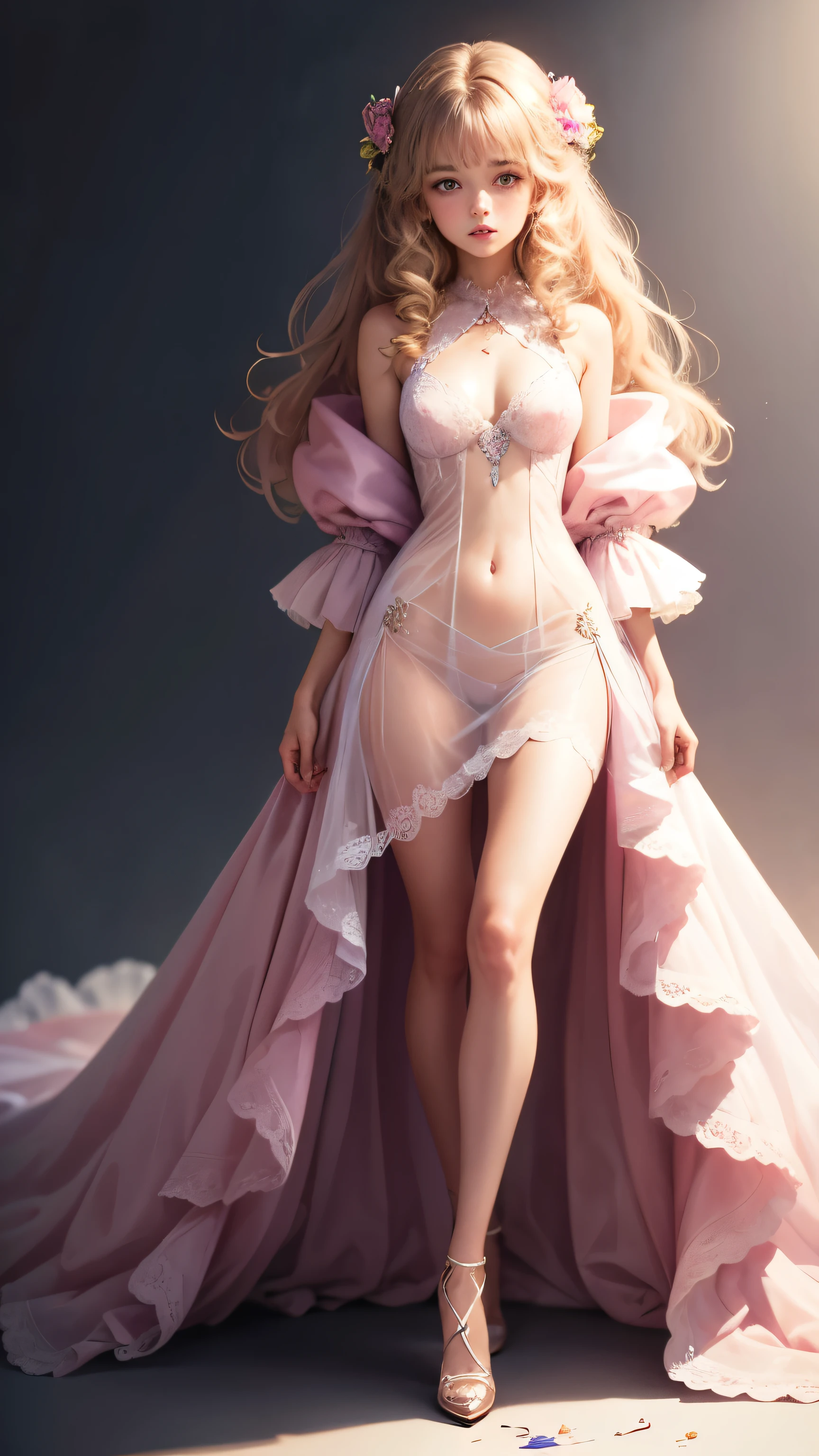 (Pieces fly),(highest quality:1.1),(Very detailed),Best illustrations,The finer details,(Portraits:1.1),(Watercolor)fluffy,1 female,alone,,slim,(Very delicate and beautiful face),(Beautiful eyes in every detail),Pink thick lips,(Messy Hair),Soft and lazy,(Simple Background:1.2)Overall background color,Transparent parts,In 4K,Full Shot,Thin legs,Pink High Heels,See-through gown,The happi coat is open