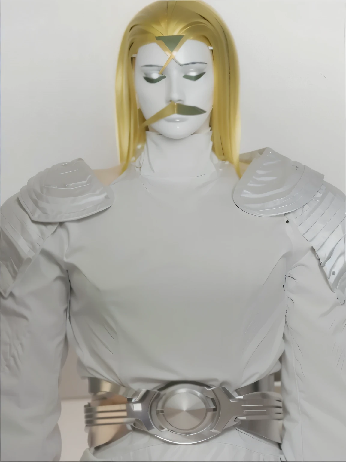 Homem, 40 anos de idade, cabelos loiros na altura dos ombros, white military clothing with shoulder pads that have a protuberance on top of the shoulder like a metallic watch on each shoulder. Uses felt with large round and metallic buckle. Detalhes celestiais na roupa. Olhos claros. In the background there are devices of a spaceship with windows that show outer space.