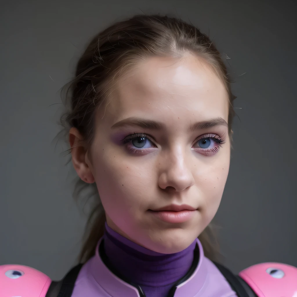 photo of a college student, in Purple Pink, futuristic space suit, (freckles:0.8) cute face, sci-fi, dystopian, detailed eyes, Heterochromia eyes((Side view))