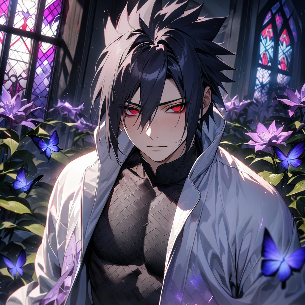absurdres, highres, ultra detailed, HDR, master piece, best quality, Uchiha Sasuke, black hair, hair between the eyes, expressive red eyes, Naruto Shippuden, solo, sexy man, handsome, white coat, black tight shirt, patterns, toned chest, glass stained window, purple shining butterflies, purple lilies, purple petals