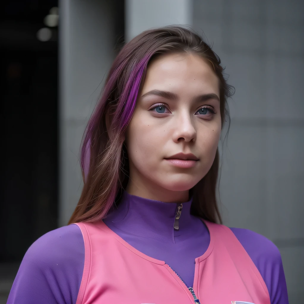 photo of a college student, in Purple Pink, futuristic space suit, (freckles:0.8) cute face, sci-fi, dystopian, detailed eyes, Heterochromia eyes((Side view))