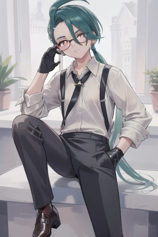 ((highest quality)), ((masterpiece)), (be familiar with),One girl,Chile,White Eyes,Earrings,Small breasts,Flat Chest,Black tie,shirt,White shirt,suspenders,Black gloves,Black trousers,shoes,good looking,Glasses,