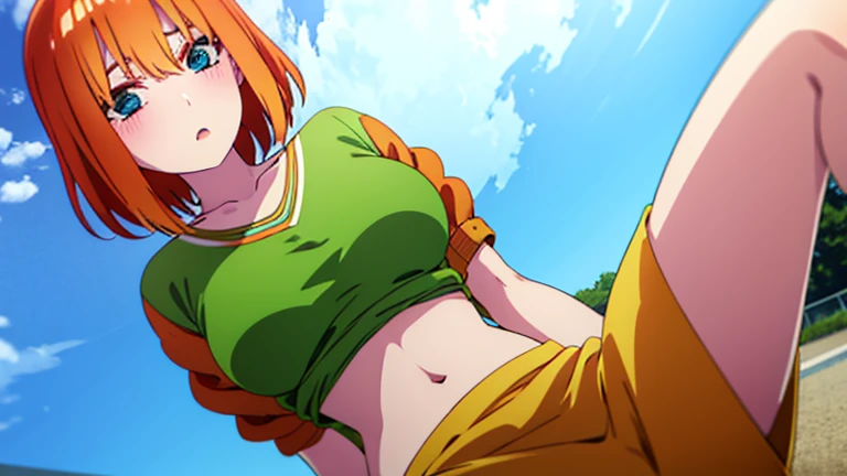 Nakano Yotsuba, orange hair, knot shirt, midriff, green skirt, medium breasts, 