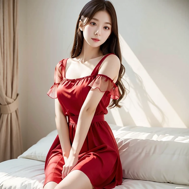 Red short sleeve chiffon dress:10,((masterpiece)), ((highest quality)), (Very detailed), ((Very detailed)), 4K, (8k), highest quality, alone,White Room、Kind Face、Soft Light、Portrait Photography、、From the knee up、White Room、pumps