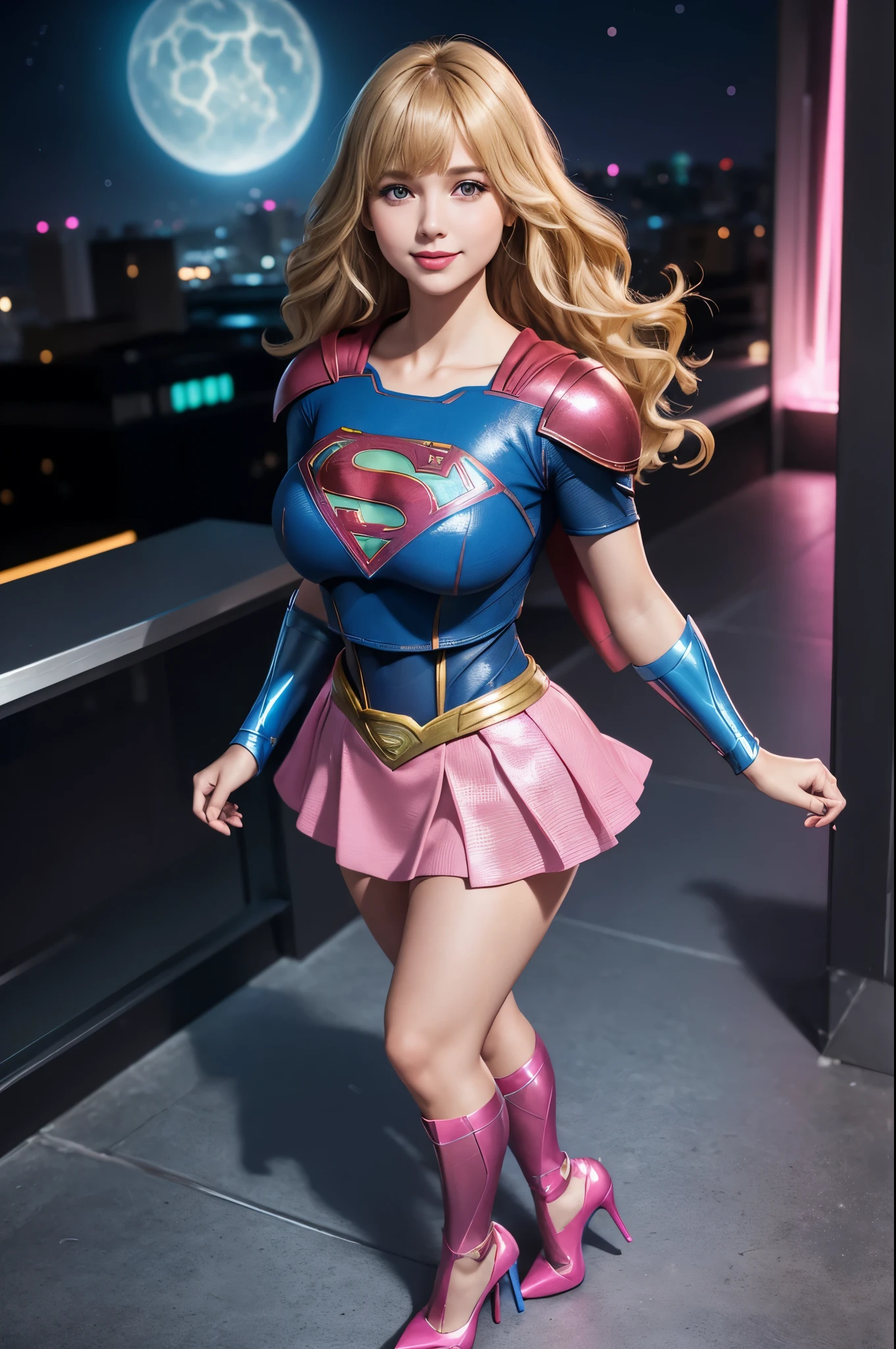 girl, 27 years old, full body view, full body view, full body view, Beautiful woman shoulder length wavy blonde hair, two side up with bangs, ringlets, shoulder length wavy blonde hair with bangs, two side up, ringlets, shoulder length wavy blonde hair with bangs, two side up, ringlets, defined body, (large_breasts:1.5) Red lipstick, smiling slightly, hands free, standing facing camera, (( short sleeve, knee length, two piece, sparkling pink and blue futuristic body armor of Supergirl with matching skirt and high heels)), rooftop flower garden city night, (curvy:1.0)