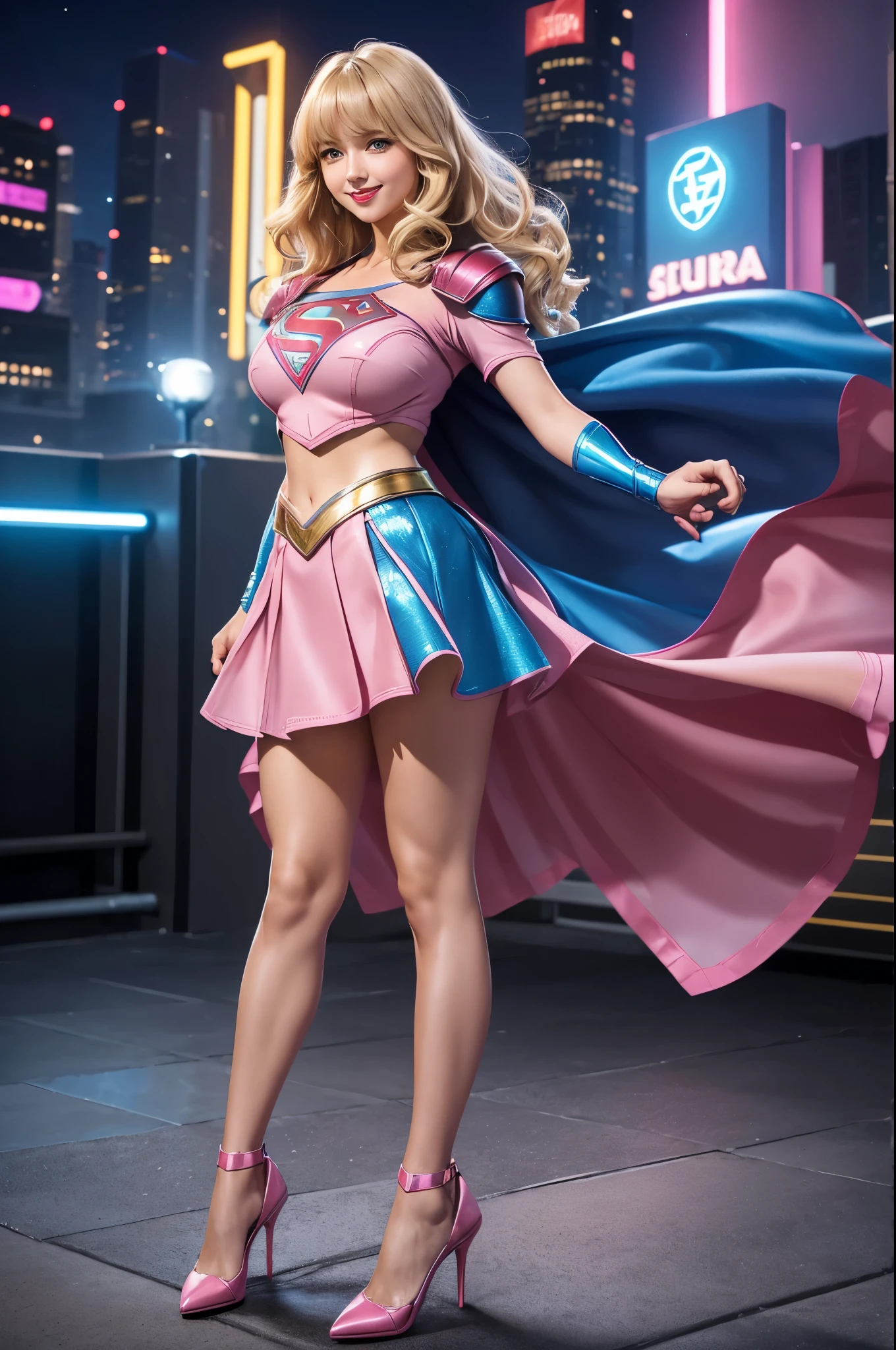 girl, 27 years old, full body view, full body view, full body view, Beautiful woman shoulder length wavy blonde hair, two side up with bangs, ringlets, shoulder length wavy blonde hair with bangs, two side up, ringlets, shoulder length wavy blonde hair with bangs, two side up, ringlets, defined body, (large_breasts:1.5) Red lipstick, smiling slightly, hands free, standing facing camera, (( short sleeve, knee length, two piece, sparkling pink and blue futuristic body armor of Supergirl with matching skirt and high heels)), rooftop flower garden city night, (curvy:1.0)
