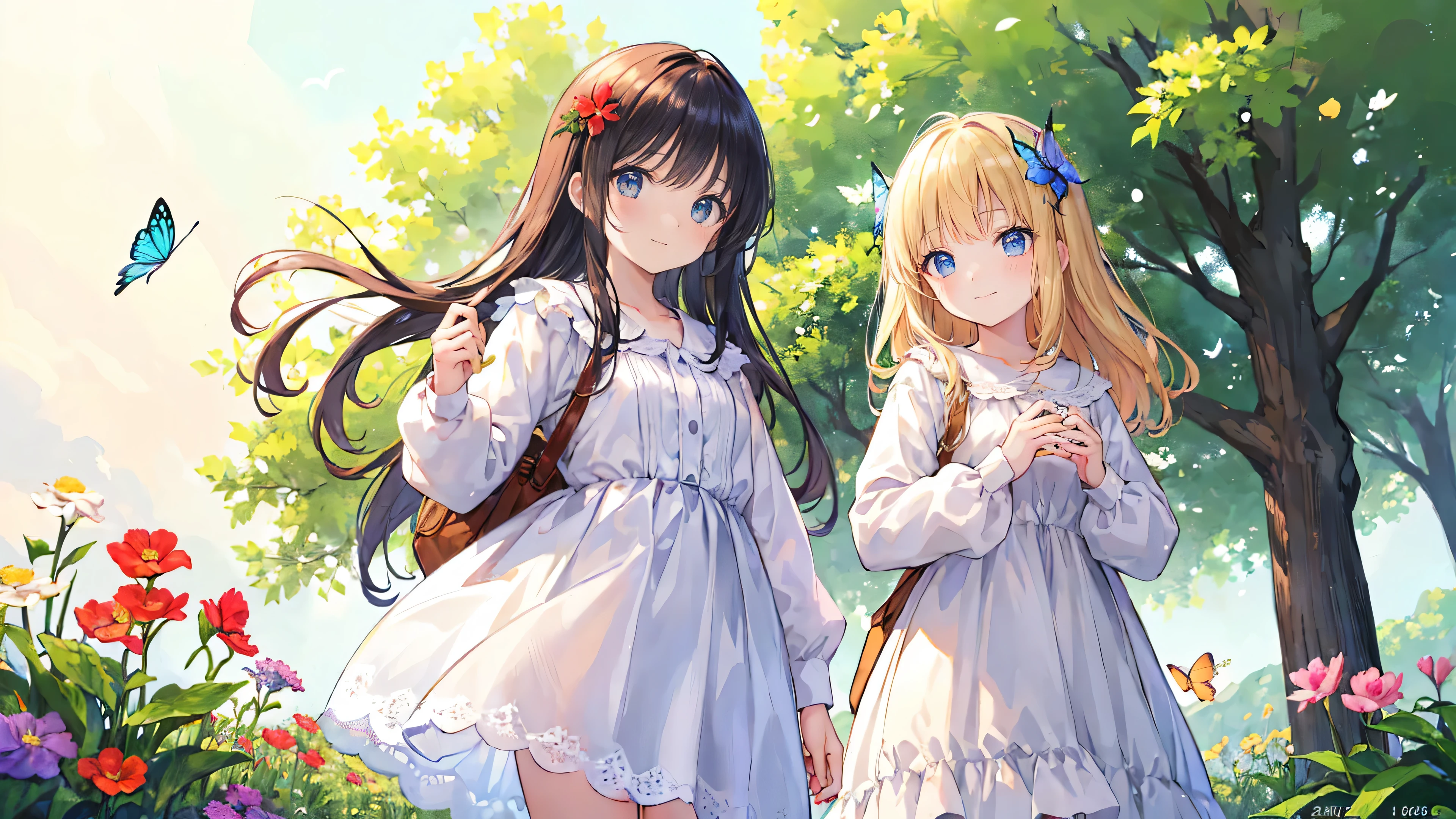 Two pure and innocent girls,(************)、(2 people)、Cute face、Beautiful Eyes、Odd Eye、Natural Beauty、Warm sunshine、Wildflowers swaying in the wind々Surrounded by、Enjoying time in the fields。Butterflies and birds flutter around her、Creates a playful atmosphere、fun、smile、