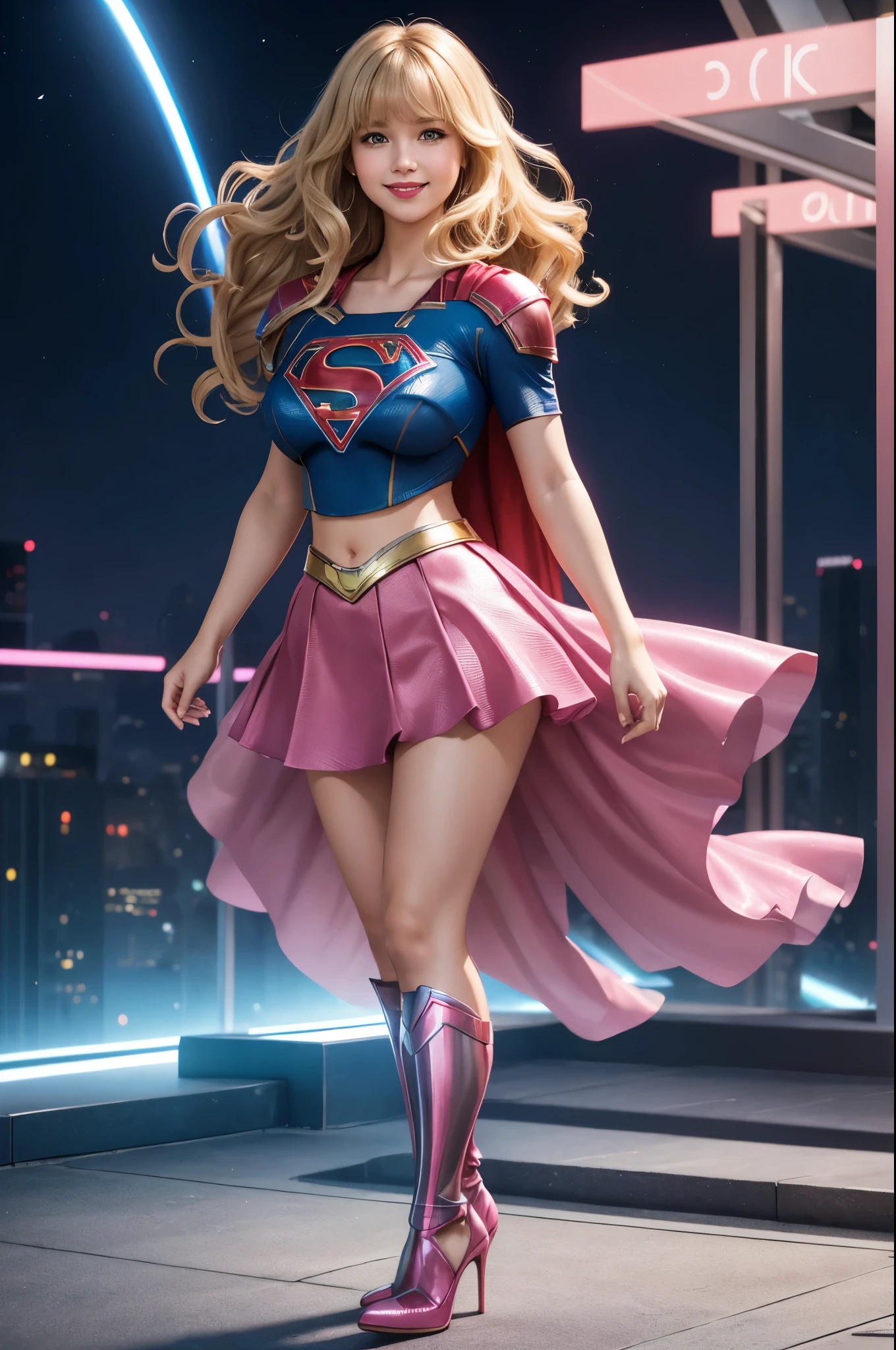 girl, 27 years old, full body view, full body view, full body view, Beautiful woman shoulder length wavy blonde hair, two side up with bangs, ringlets, shoulder length wavy blonde hair with bangs, two side up, ringlets, shoulder length wavy blonde hair with bangs, two side up, ringlets, defined body, (large_breasts:1.5) Red lipstick, smiling slightly, hands free, standing facing camera, (( short sleeve, knee length, two piece, sparkling pink and blue futuristic body armor of Supergirl with matching skirt and high heels)), rooftop flower garden city night, (curvy:1.0)