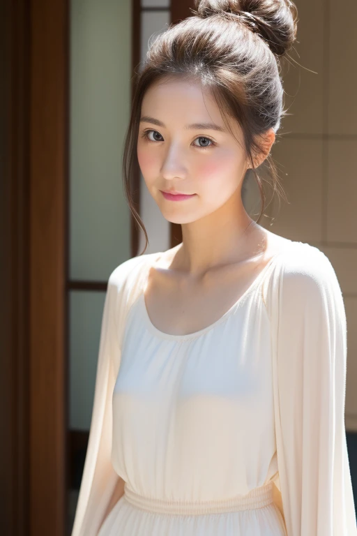 Masterpiece, high quality, high resolution, 8K, ((Skinny Japanese woman in a costume which consists of a short-sleeved white shirt and a light-brown long skirt)), beautiful face, natural makeup, detailed face, detailed eyes, a photo that feels endearing