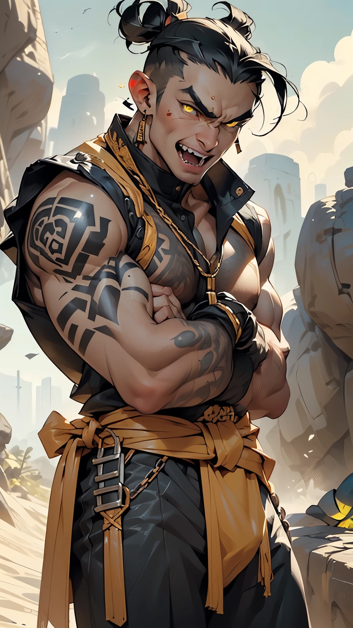 ((orc,orc male)),((((black race)))),((pointy ears)),(male:1.5),muscle,1boy,big muscle,pectoral,big pectoral, muscular, man,man,adult,1 man,old macho man,an extremely detailed face,(((yellow_eyes:1.3))),intricate eyes,beautiful detailed eyes,symmetrical eyes,perfect face, ((detailed face)), ((athletic)),((muscular:1.5)),((toned body))
1 black man,tall,huge ,strong,black ,30 year old,tall and muscular,athletic body build,(((black hair,topknot,man bun:1.5))),
((((tan,dark skin:1.5,black skin:1.5,ebony skin,lustrokin:1.5,bright skin: 1.5,shiny skin,very shiny skin,shiny body)))),
gentle look,((nsfw)),
((muscle legs,muscular thighs,muscular man,strong and muscular,muscular,huge stature,tall stature,very tall male,(ABS:1.1))),male orc,Orc man,Strong physique,the fit,((arm muscles,leg muscles)),(bulky:1.2)),(((fangs:1.5))),((prominent fangs protruding from their jaws)),((a broad flattened nose)),
(((leather breastplatblack linen tunic, himation),((bulge in tunic)),((chains)),(earrings),(loincloth),(((elaborate and intricate tattoo,tribal tattoos))),((tribal clothes:1.5)),(barbarian fur crop top),(wearing brown furs and hides),(leather straps),(((red war paint all over his body)))),((intricate outfit,intricate clothes)),(((intricate outfit,intricate clothes,ornate outfit))),
(dynamic pose:1.0),(centered,scale to fit dimensions,Rule of thirds),
((mountain)),scenery:1.25,((intricate scenery)),((mountain background)),
(Glossy tribal ornaments),highres,sharp focus,(ultra detailed,extremely detailed),(photorealistic artwork:1.37),(extremely detailed CG unity 8k wallpaper),(((vibrant colors,vibrant theme))),(intricate),(masterpiece),(best quality),artistic photography,(photography taken by sldr),(intricate background),perfect rendered face,perfect face details,realistic face,photo realistic,((intricate detail)),(((realism))),