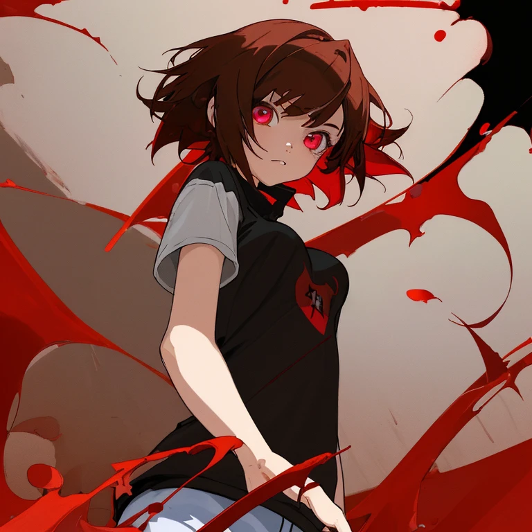 Girl with short brown hair, remera negra, ojos rojos, cielo rojo, estilo anime,