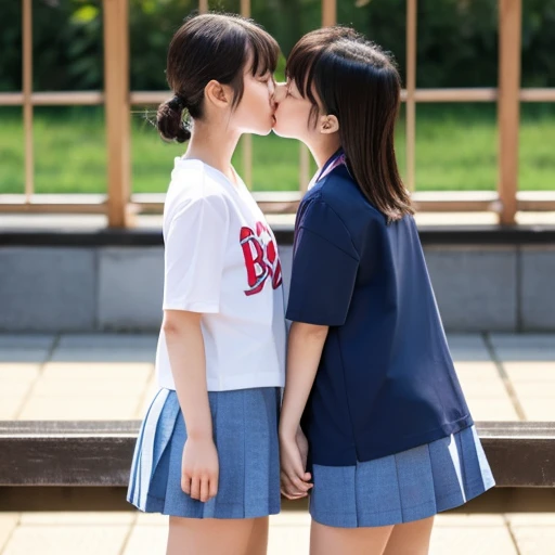 Two Japanese elementary school girls in short sleeves and shorts are kissing