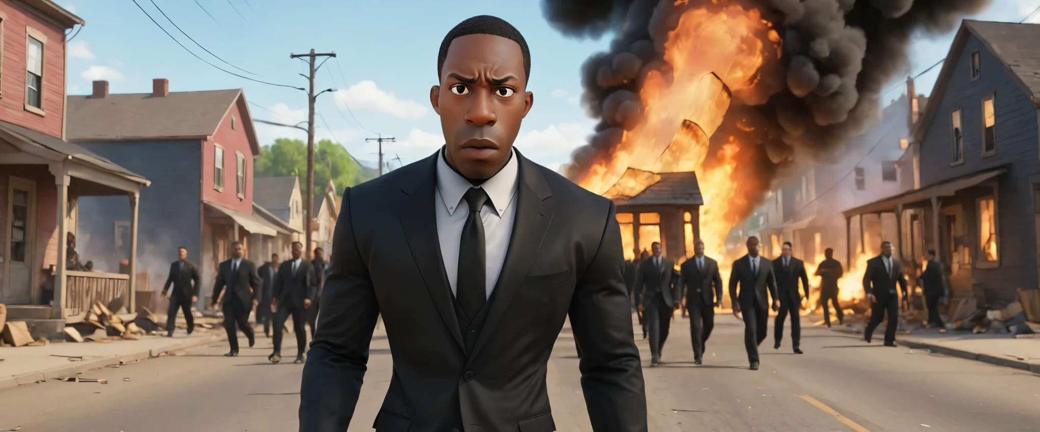 Pixar animation of , shawt , a black man ,in a black suit ,walking towards tthe camera ,in a small town with chaos all around him everywhere h,fire, riots, motion blur (text:"shawt sanders mynded!")