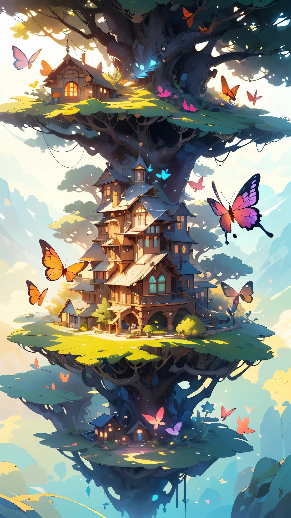 (Masterpiece),(Best quality:1.0), (Ultra-high resolution,), Detailed, A glass ball,There is a tree inside, Digital art, cg society contest winner, Butterflies and sunlight, concept art design illustration, Beautiful digital illustration, Closed ecosystems