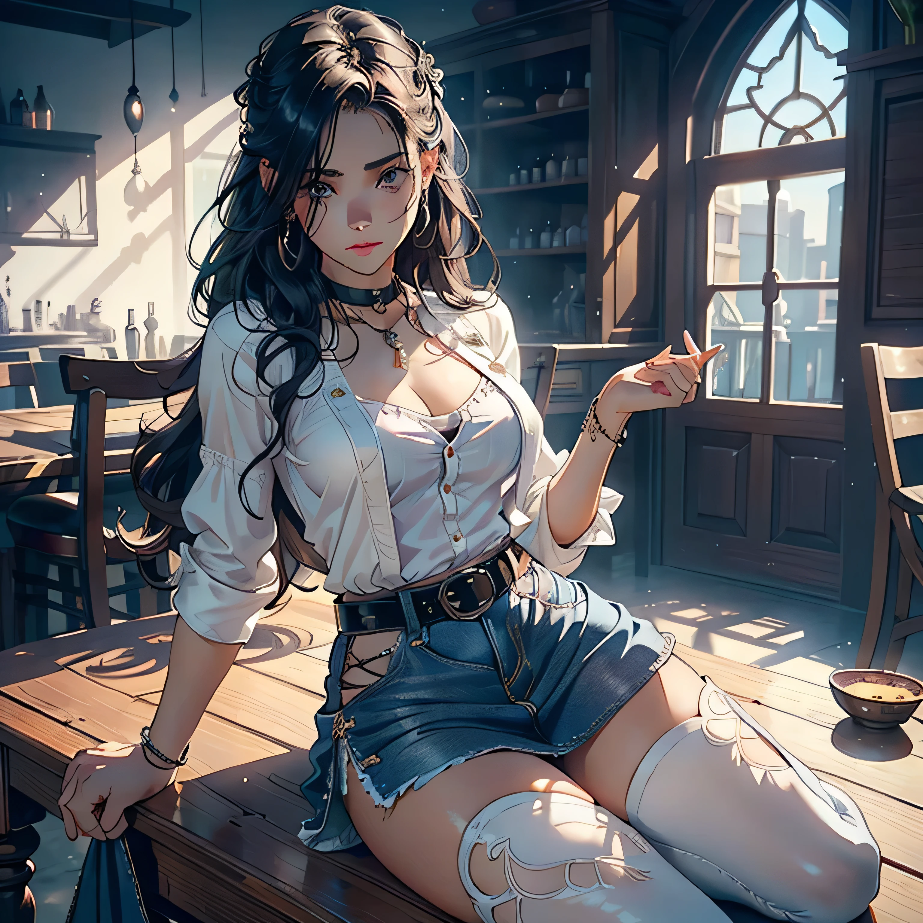 ((Obra maestra)), ((mejor calidad)), high resolution, photo-realistic, ((extremely delicate and beautiful)), 1 young girl), ((((ultra-detailed))), jewels, 1 leg showing, hair covering 1 eye, toned abs, denim skirt, asymmetrical leggings, pink blouse, black thigh-high socks, belt, mini skirt, cowboy boots, seductive look), long white hair, tears, looking towards the chef, hands begging on chest.