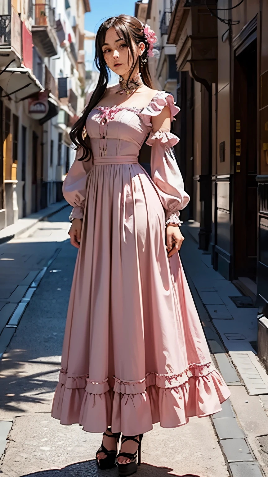26 year old Spanish woman、Traditional pink flamenco and dress、Front shot、9:16 sizes available、Anime manga style from head to toe
