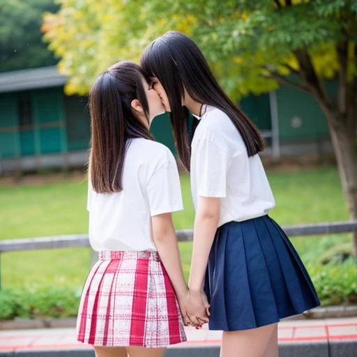 Two Japanese elementary school girls wearing short sleeves and shorts are kissing happily