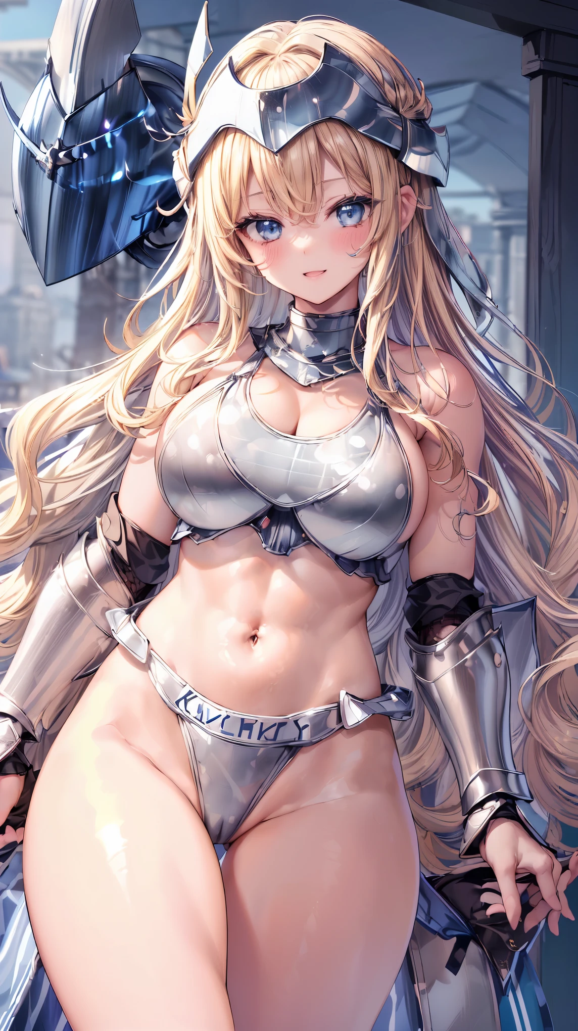Very detailed、highest quality、Best image quality、masterpiece、8k、Anime Face、A kind smile、Open your mouth、Sparkling blue eyes、(Blonde wavy hair:1.5)、、Muscles of the whole body、camisole、Thigh belt、mini skirt、(Wearing silver bikini armor:1.5)、(Cowboy Shot:1.5)、(Leg armor:1.5)、(Wearing a helmet:1.5)