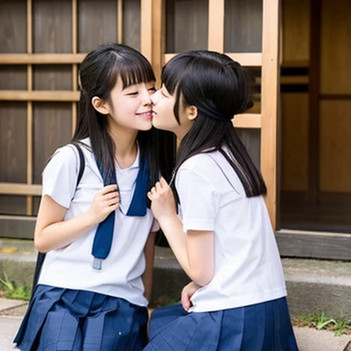 Two Japanese elementary school girls wearing short sleeves and shorts are kissing happily