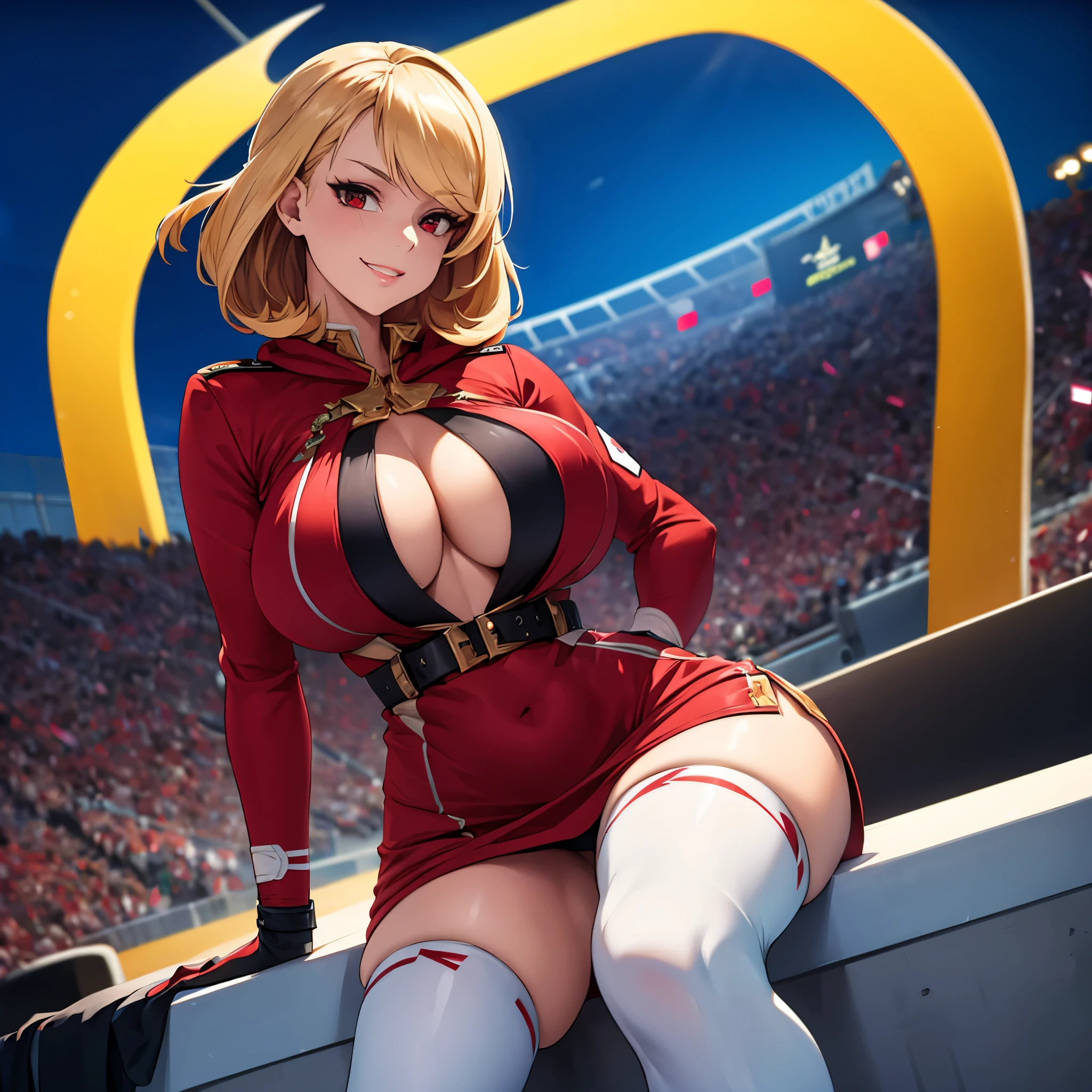 A woman wearing a tight white race queen style dress, exposed thigh, long white stockings, black heels, short blonde hair, red eyes, black gloves, big breasts, smiling, sitting on the hood of a white racing car with red details, on a track in a racing stadium, illuminated place, place at night,(woman solo), HDR, ultra resolution, sharp, masterpiece, 8K HD
