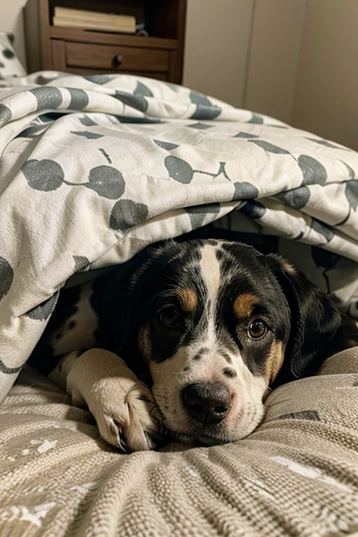 Cachorro, Dalmatian, durmiendo, en una cama para perros, inside a room
