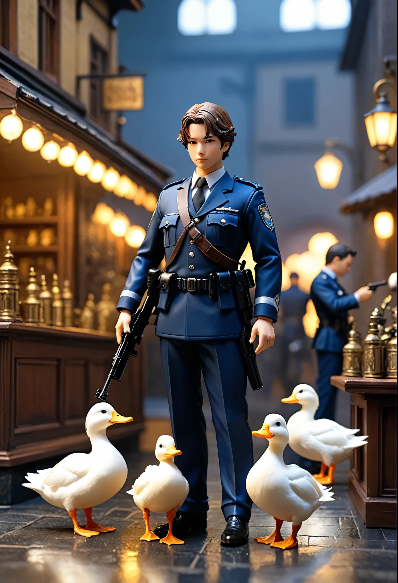 Full Body Esbian、cool male white duck 、Pop male white duck、Missgebildete Tiere、Diorama、einfacher Hintergrund、gesamt、Einen Revolver in der Hand halten、Polizisten、、Meisterwerk, best quality, Capture super sweet moments, depth of field, ultra-detailliert, ultra high resolution, Octadale, 8K, 16 K