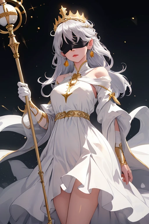 1girl,blindfold,white dress,earings,silver crown,golden staff. (Hd,ultra hd,hdr,16k,detailed,)