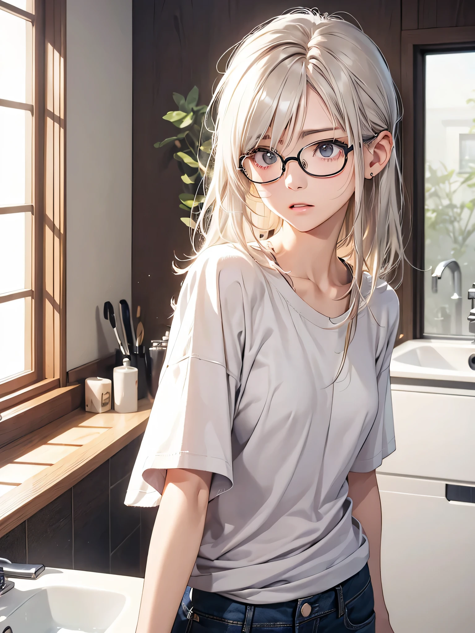 highest quality、Realistic、woman、Japanese、zoom、look up、cute、morning、Wash basin、Waking up、Looks sleepy、Gray Eyes、Platinum Blonde Hair、casually tied hair、Messy Hair、Glasses、Yoreyore T-shirt、.Shorts、stretch、Yawn、slender、Small breasts、Face close-up