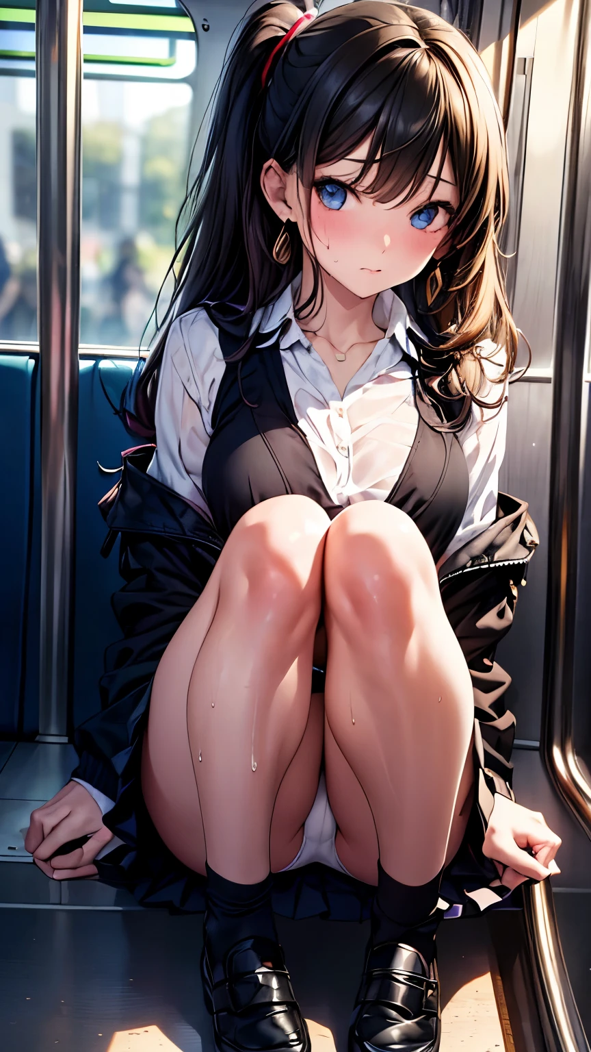 ((masterpiece, Highest_quality)), One girl, (Realistic:1.4),  alone, black_hair, length_hair,   zettai_ryouiki, Micro Mini Skirt, ((full_body)),White panties、Bend your knees and sit down、Embarrassed expression、Absolute area、Over the knee socks、on the train、身bodyに張り付いたタンクトップ、、Fidgety、Sweat