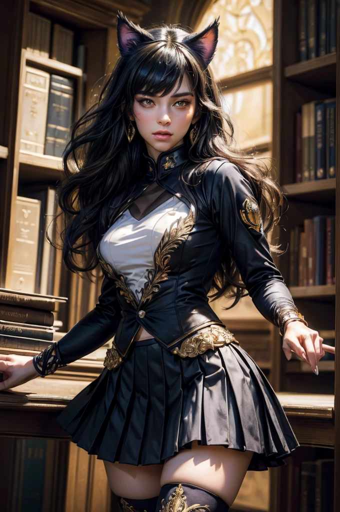 (masterpiece,stunning girlfriend, (standing:1.1), dynamic pose, heart shaped face, elegant face, beautiful face, highly detailed face, highly detailed skin, skin pores, subsurface scattering, realistic pupils, looking at viewer, full lips, detailed background, depth of field, atmospheric perspective, volumetric lighting, sharp focus, absurdres, realistic proportions, good anatomy, (realistic, hyperrealistic:1.4), 16k hdr, (masterpiece, best quality), intricate details, 1girl, blake_belladonna, gmuniform, pleated skirt, blue thighhighs, black and gold uniform, library
